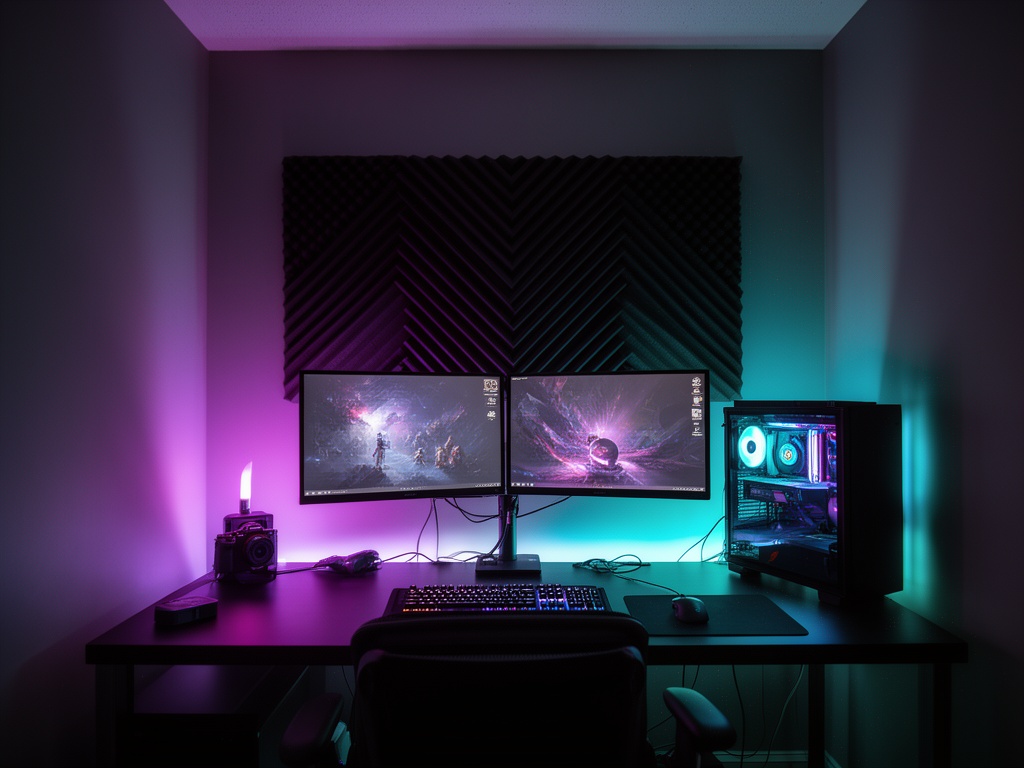 Compact streamer room with purple and cyan RGB lighting, dual monitors, and acoustic panels