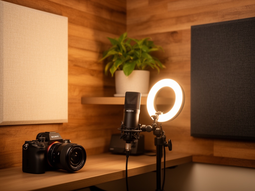 Sound-treated podcast studio with warm lighting and wood accents