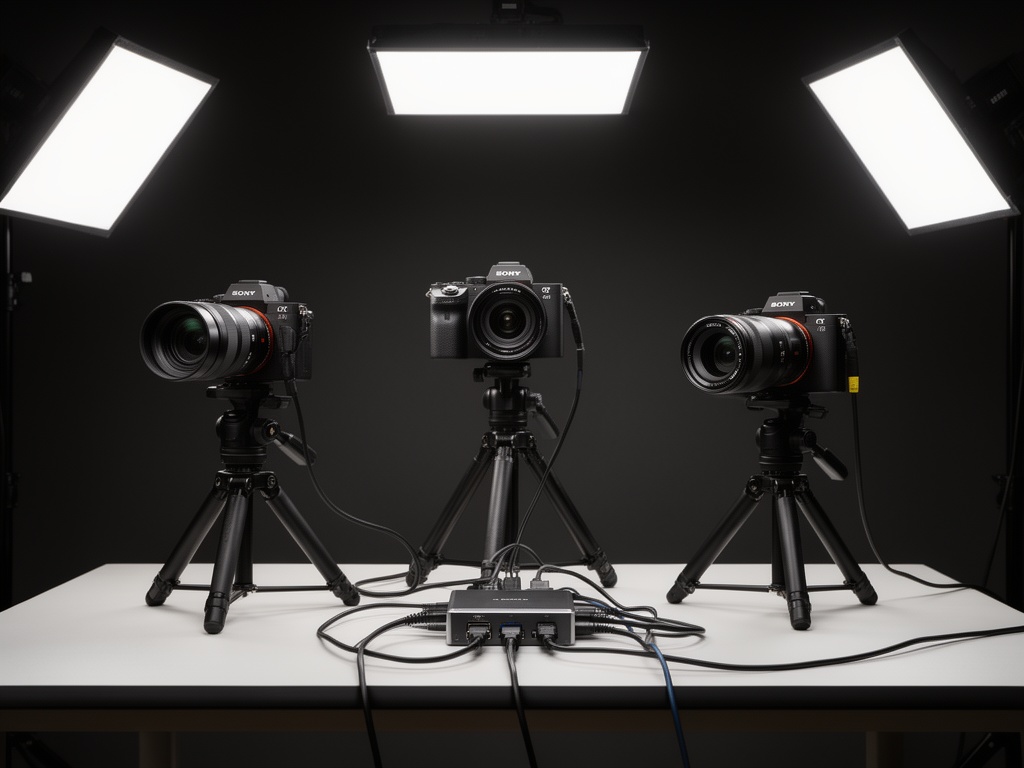 Triple camera streaming setup with overhead rig and switching hardware