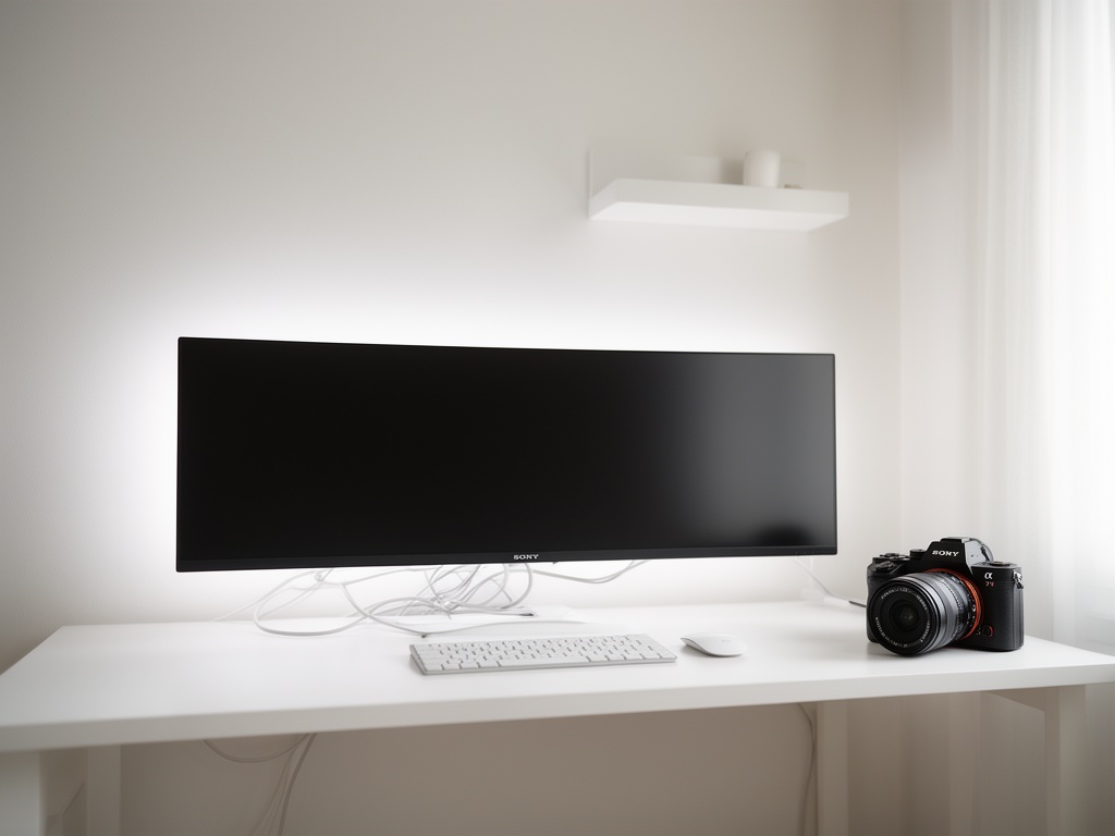 Minimalist desk setup with hidden cables and white ambient lighting