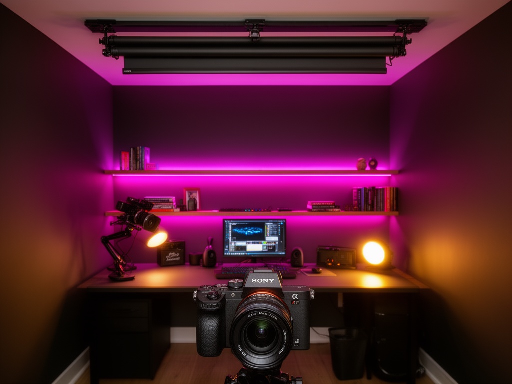 Retractable greenscreen mount with RGB shelf lighting behind a streaming desk