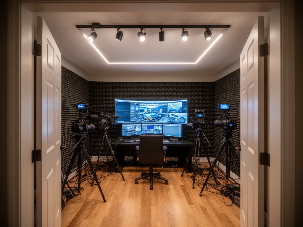 Full room broadcast setup with ceiling-mounted lights and multiple camera angles
