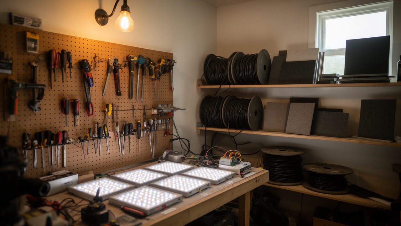 Small workshop interior with AV tools and LED light panels on a testing bench