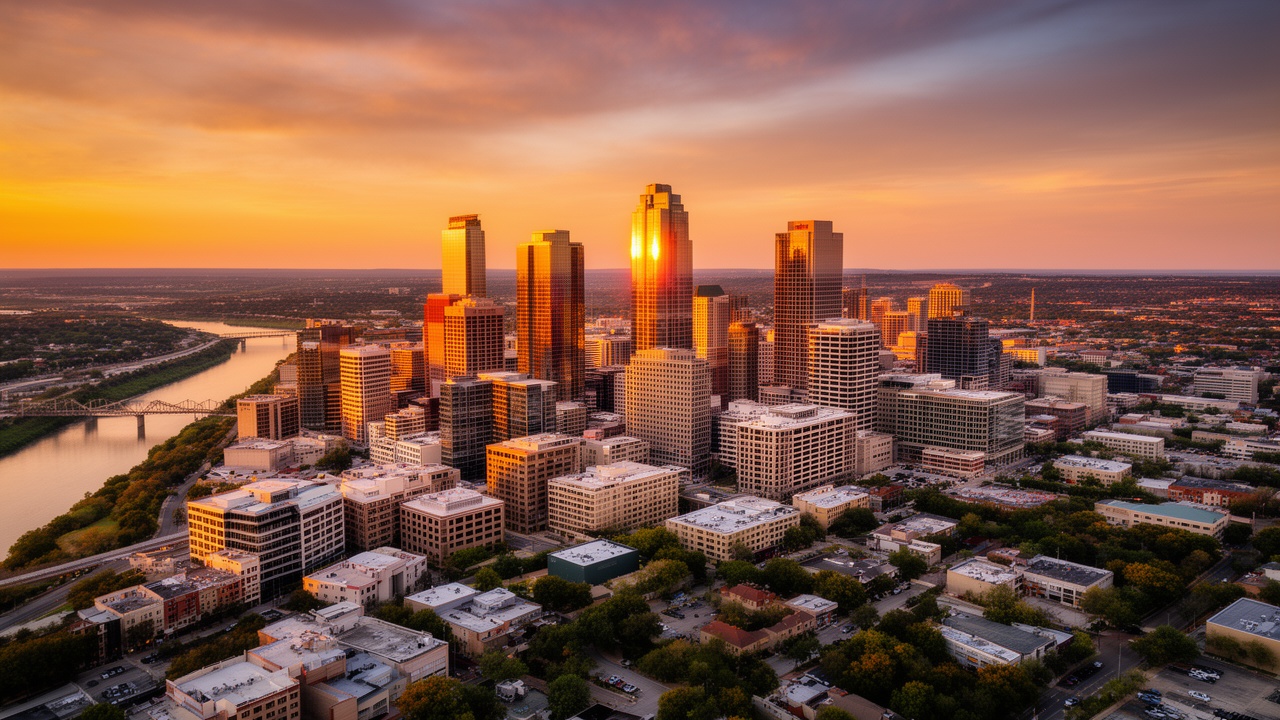 Aerial view of Austin Texas downtown skyline at golden hour