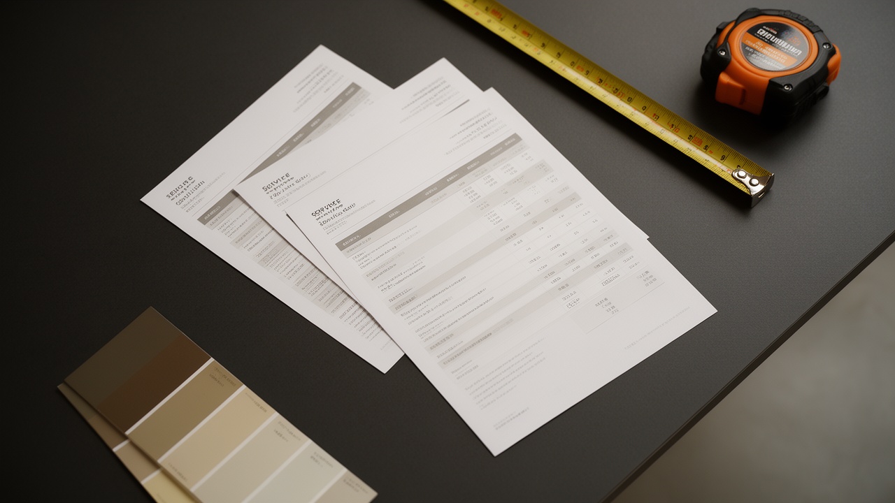 Service quote sheets and planning materials on a dark desk