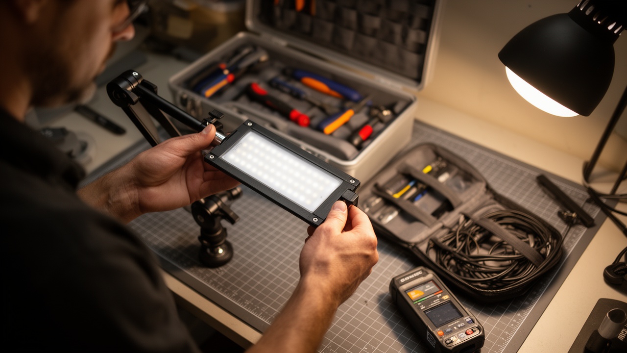 AV technician mounting an LED light panel during a streamer room build