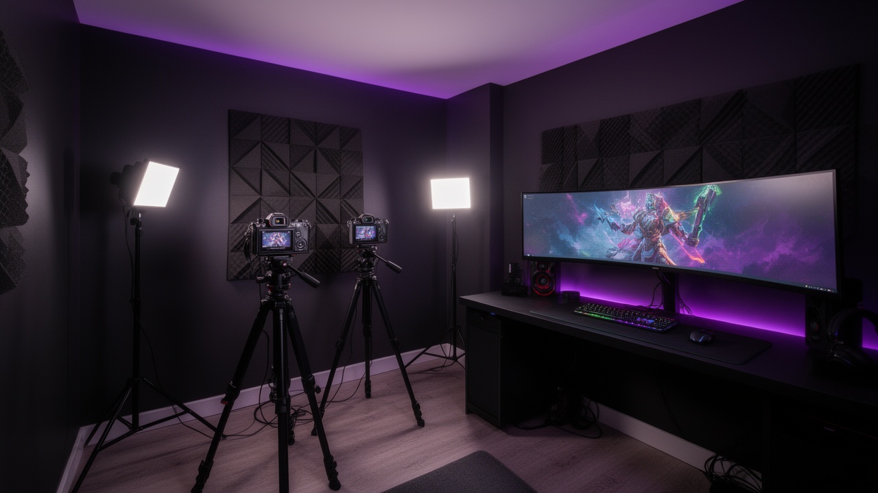 Wide shot of a completed streamer room with cameras and lighting